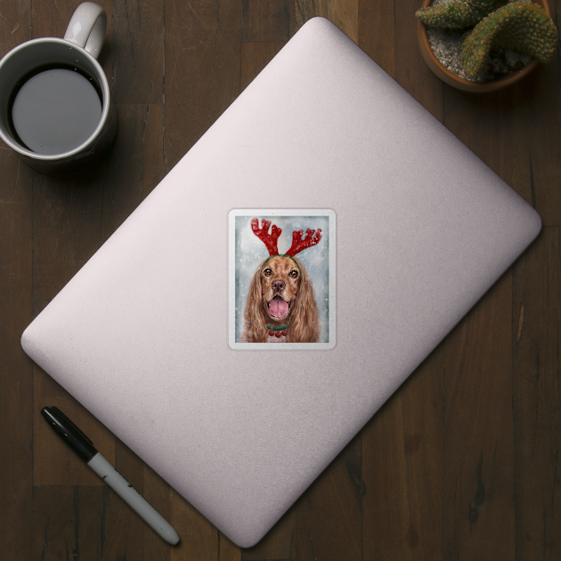 Painting of a Smiling Cocker Spaniel with a Reindeer Headpiece Antlers Costume in the Snow by ibadishi